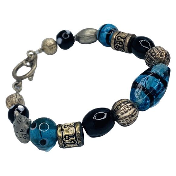 Vintage Blue Glass 925 Sterling Silver Bracelet 8" Toggle Clasp Signed - Picture 3 of 11